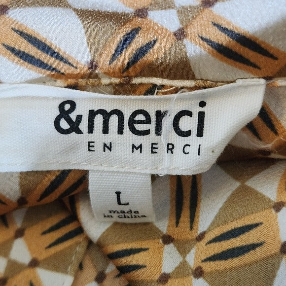 &Merci Geometric Print Satin Button Down Shirt Size Large Retro Print Top