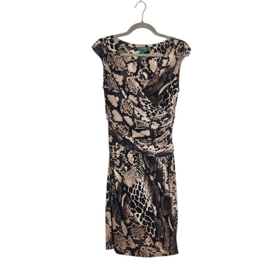 Lauren Ralph Lauren Black and Tan Snakeskin Print Faux Wrap Dress Size 8