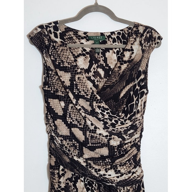 Lauren Ralph Lauren Black and Tan Snakeskin Print Faux Wrap Dress Size 8