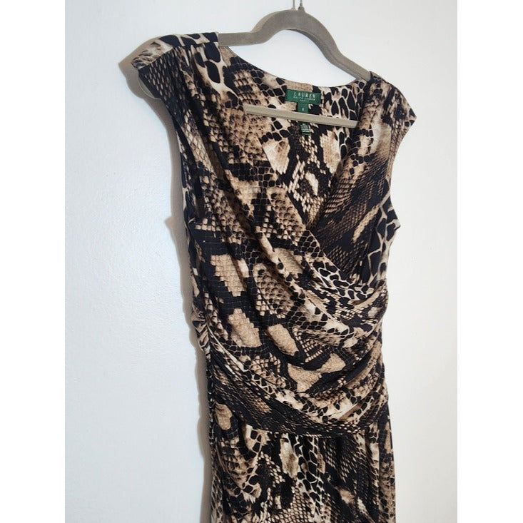 Lauren Ralph Lauren Black and Tan Snakeskin Print Faux Wrap Dress Size 8
