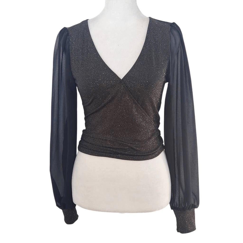 Moa Moa Black and Gold Top with Full Sheer Sleeves NWOT Size XS Black Wrap Top