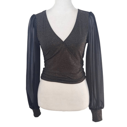 Moa Moa Black and Gold Top with Full Sheer Sleeves NWOT Size XS Black Wrap Top