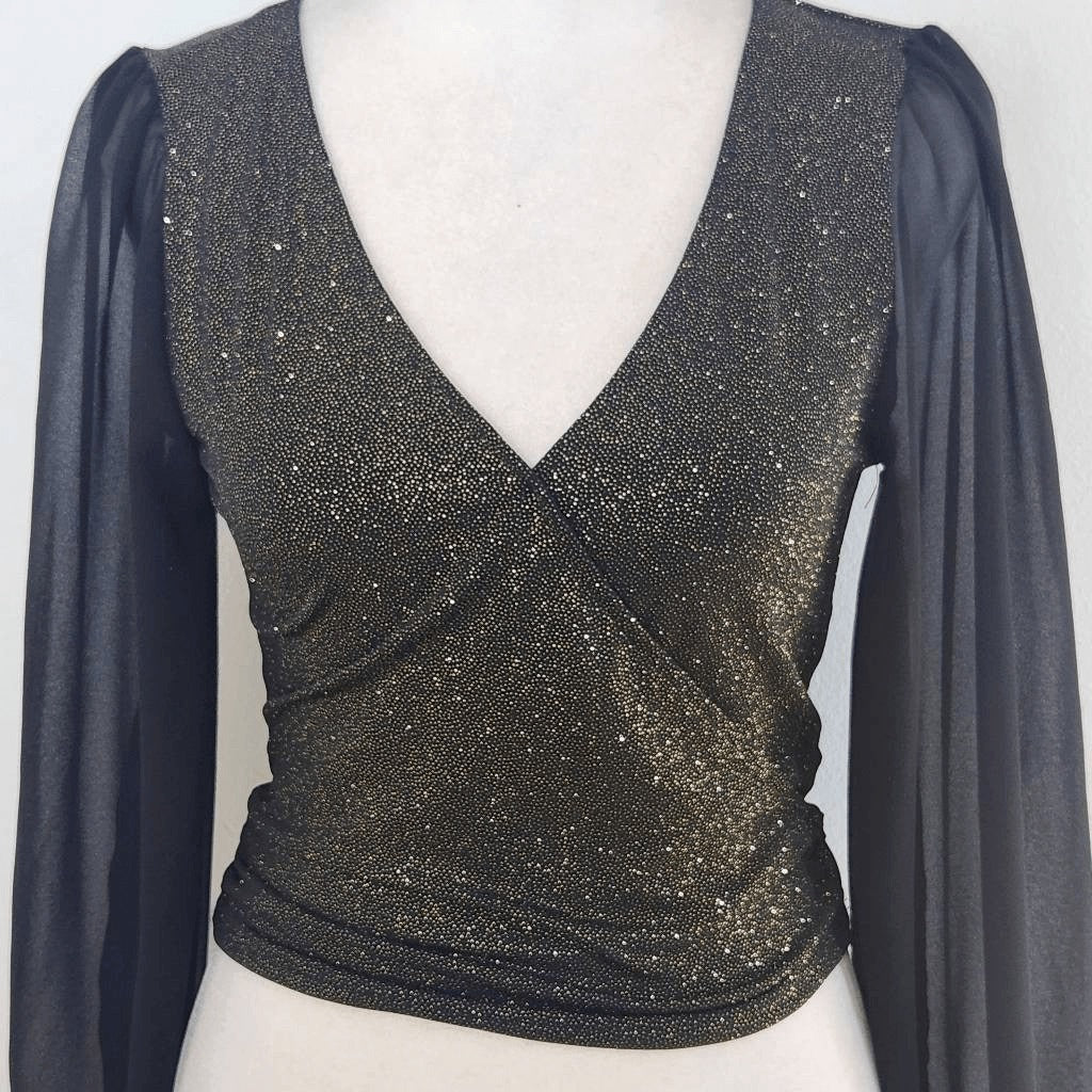 Moa Moa Black and Gold Top with Full Sheer Sleeves NWOT Size XS Black Wrap Top