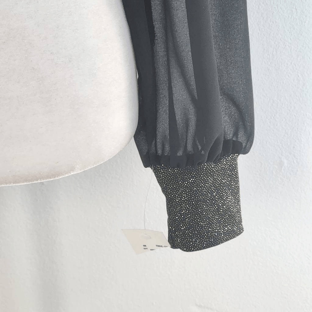 Moa Moa Black and Gold Top with Full Sheer Sleeves NWOT Size XS Black Wrap Top