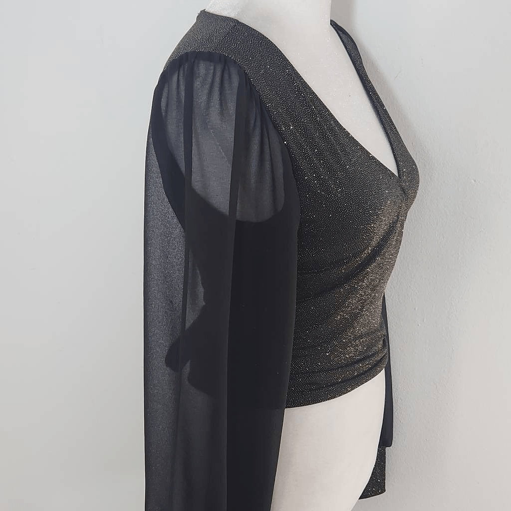 Moa Moa Black and Gold Top with Full Sheer Sleeves NWOT Size XS Black Wrap Top