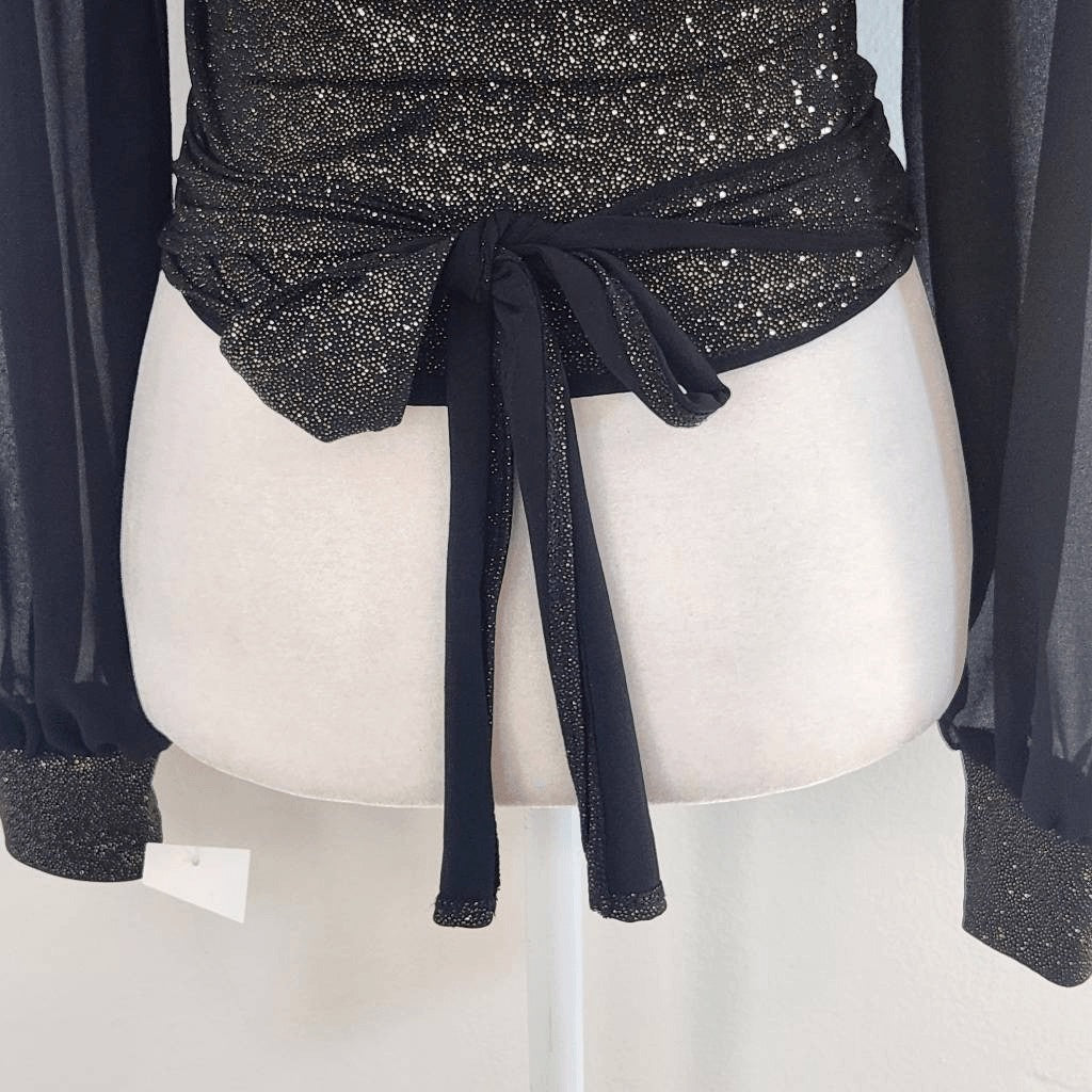 Moa Moa Black and Gold Top with Full Sheer Sleeves NWOT Size XS Black Wrap Top