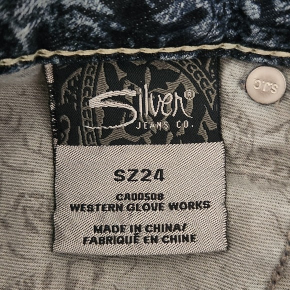 Silver Capri Distressed Jeans with Boho Pattern Size 24
