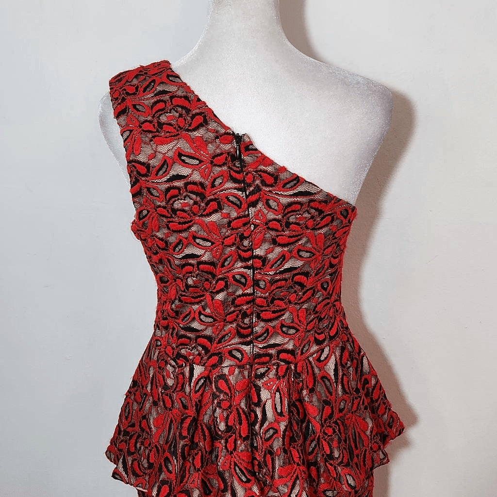 Madam X Red Lace One Shoulder Dress with Peplum NWT Size 6 Lace Cocktail Dress