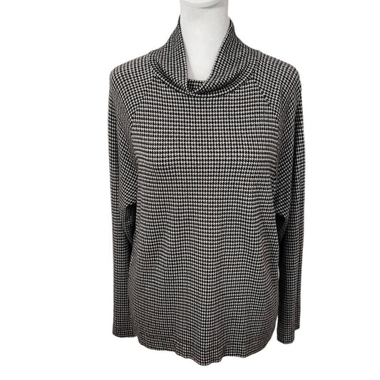 Lou & Grey Loft Brown and Black Houndstooth Knit Mock Turtleneck Top Size Small