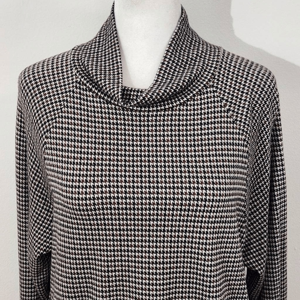 Lou & Grey Loft Brown and Black Houndstooth Knit Mock Turtleneck Top Size Small