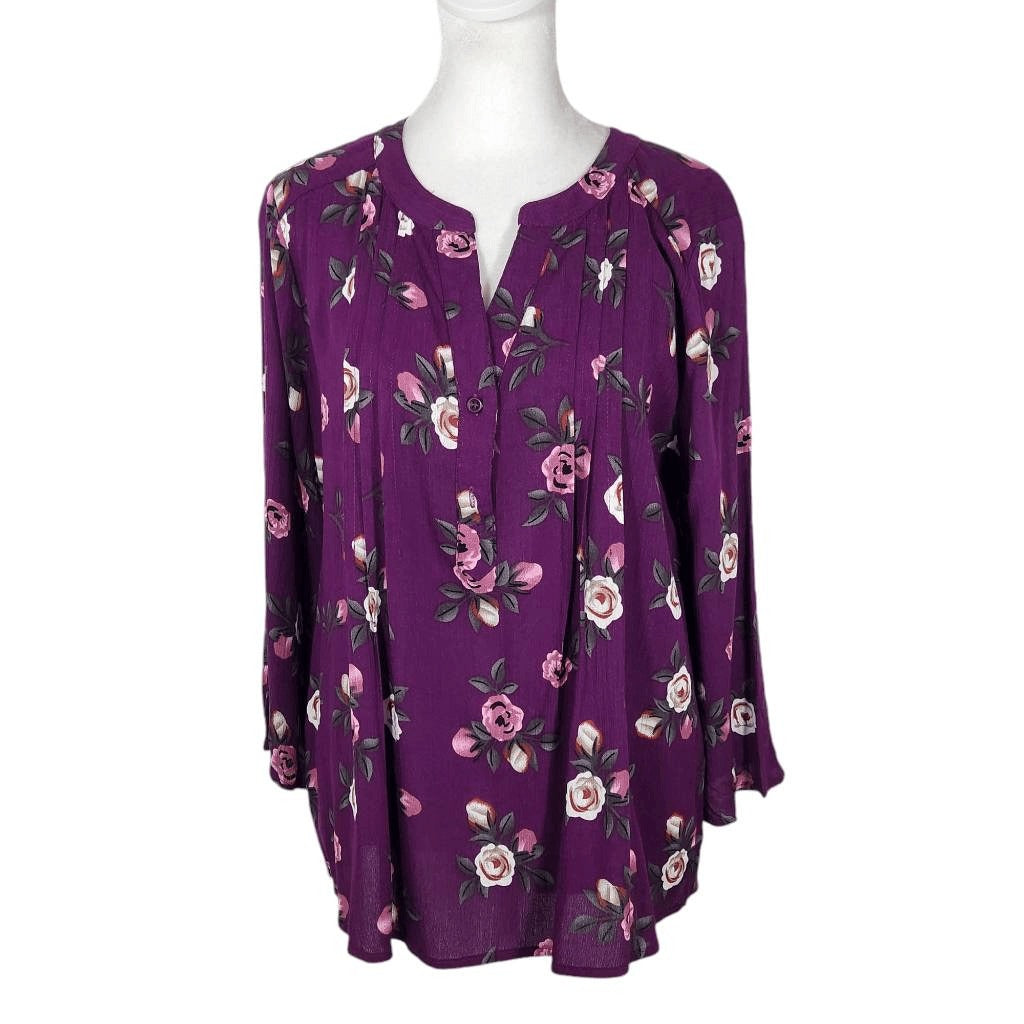 Fun2Fun Plum Floral Print Blouse Size Small NWOT Purple and Pink 3/4 Sleeve Top