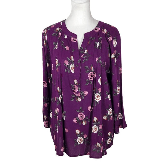 Fun2Fun Plum Floral Print Blouse Size Small NWOT Purple and Pink 3/4 Sleeve Top
