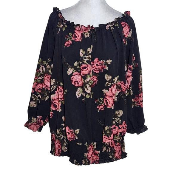 Love J Black Floral Print Off-Shoulder Black Blouse Size 2X Plus Size Floral Top