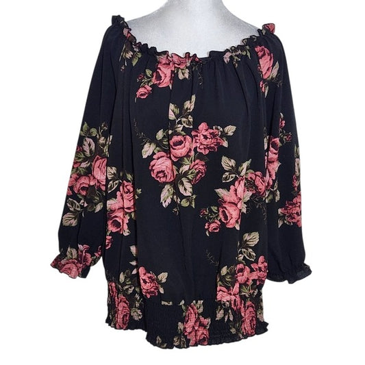 Love J Black Floral Print Off-Shoulder Black Blouse Size 2X Plus Size Floral Top