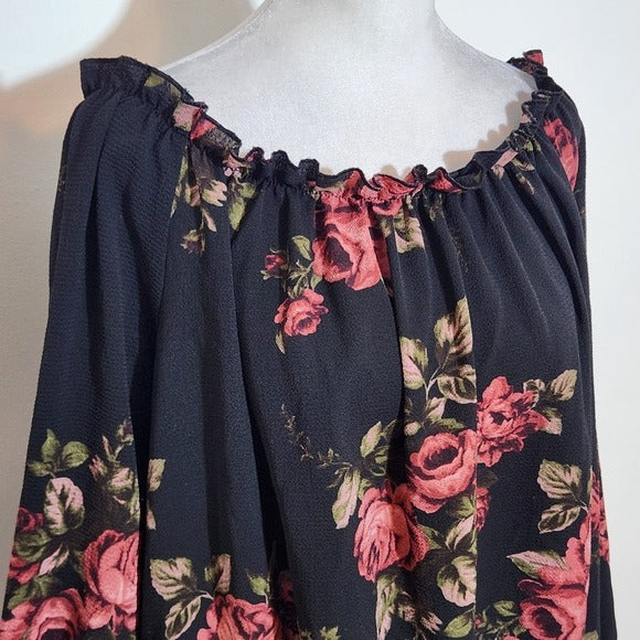 Love J Black Floral Print Off-Shoulder Black Blouse Size 2X Plus Size Floral Top