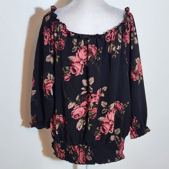 Love J Black Floral Print Off-Shoulder Black Blouse Size 2X Plus Size Floral Top