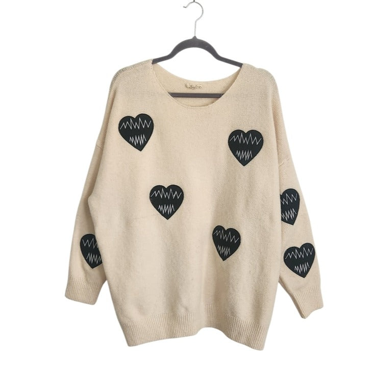 Easel Cream Heart Patch Oversized Fuzzy Sweater Size Large