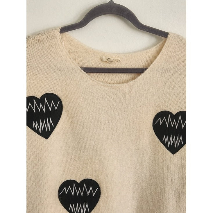 Easel Cream Heart Patch Oversized Fuzzy Sweater Size Large
