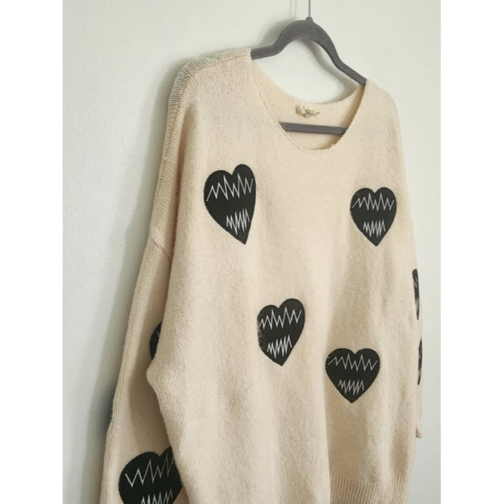 Easel Cream Heart Patch Oversized Fuzzy Sweater Size Large