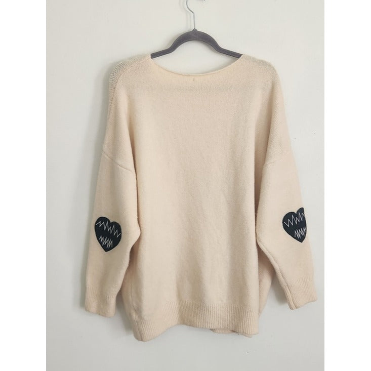 Easel Cream Heart Patch Oversized Fuzzy Sweater Size Large