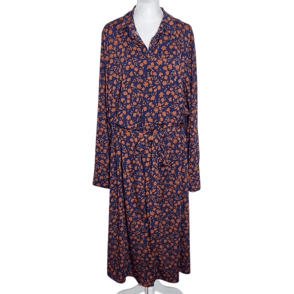 Eloquii Navy and Brown Floral Print Shirt Dress Size 20 Navy Tie-Waist Dress