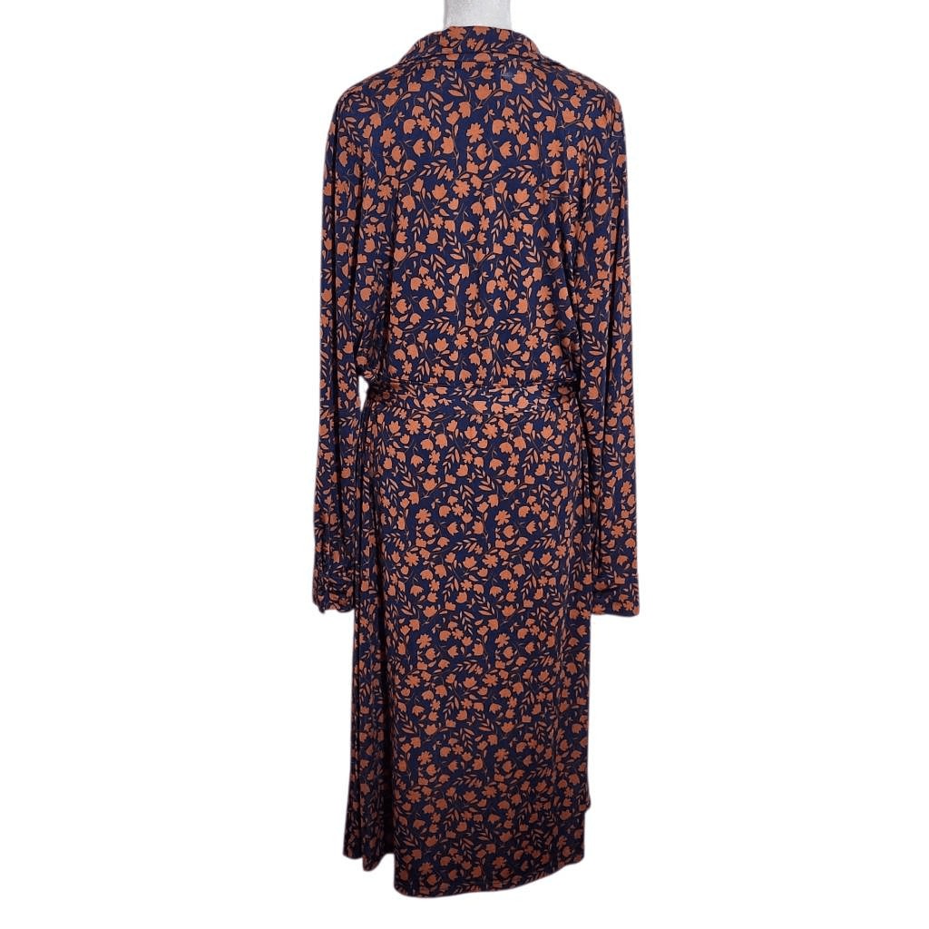 Eloquii Navy and Brown Floral Print Shirt Dress Size 20 Navy Tie-Waist Dress