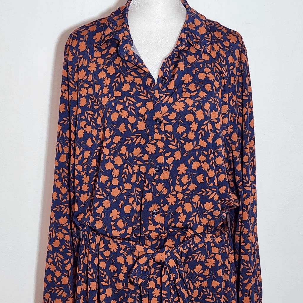 Eloquii Navy and Brown Floral Print Shirt Dress Size 20 Navy Tie-Waist Dress