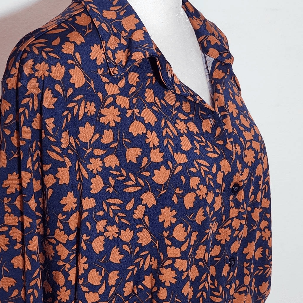 Eloquii Navy and Brown Floral Print Shirt Dress Size 20 Navy Tie-Waist Dress