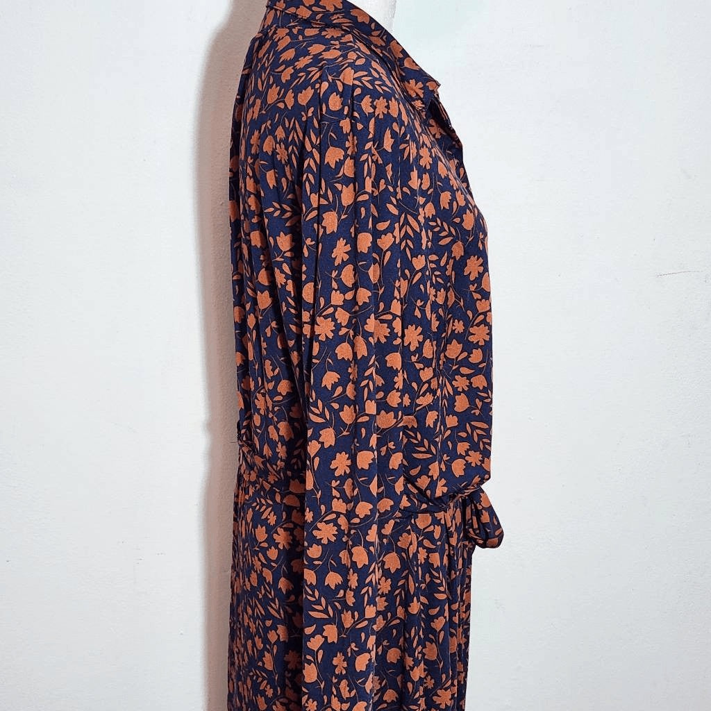 Eloquii Navy and Brown Floral Print Shirt Dress Size 20 Navy Tie-Waist Dress