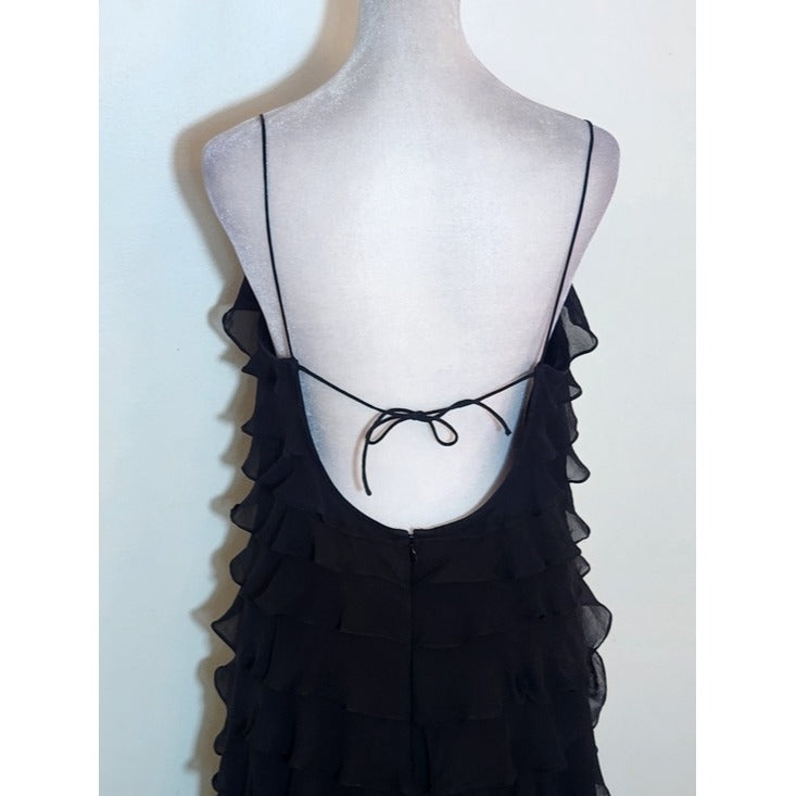 Ralph Lauren Black Silk Layered Ruffle Cocktail Dress Size 8 Wedding Guest Dress