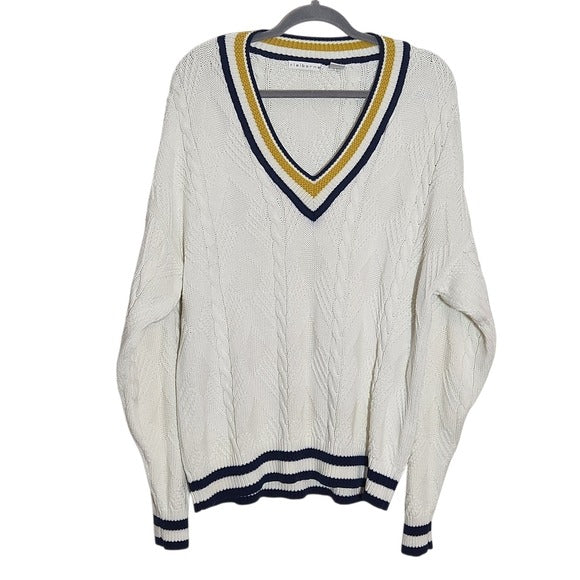 Claiborne Cream Cable Knit V-Neck Sweater with Gold and Navy Accents Size Large