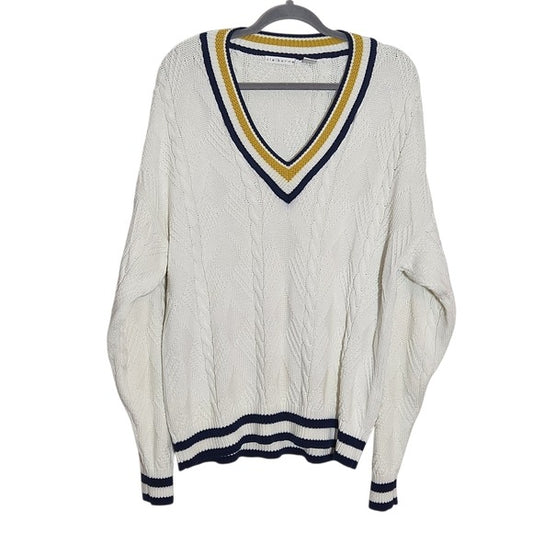 Claiborne Cream Cable Knit V-Neck Sweater with Gold and Navy Accents Size Large