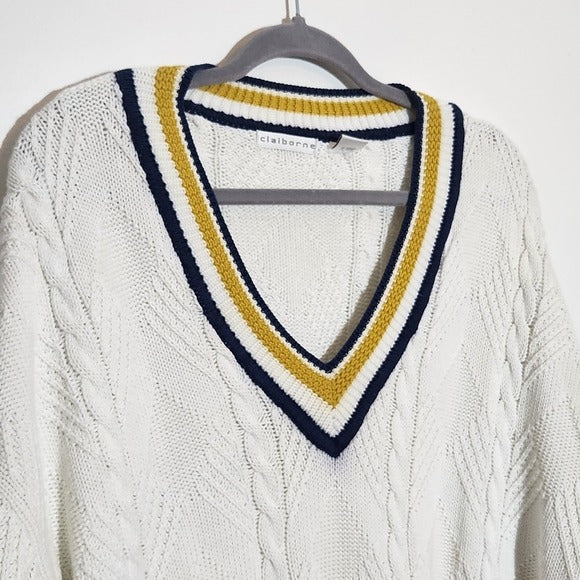 Claiborne Cream Cable Knit V-Neck Sweater with Gold and Navy Accents Size Large