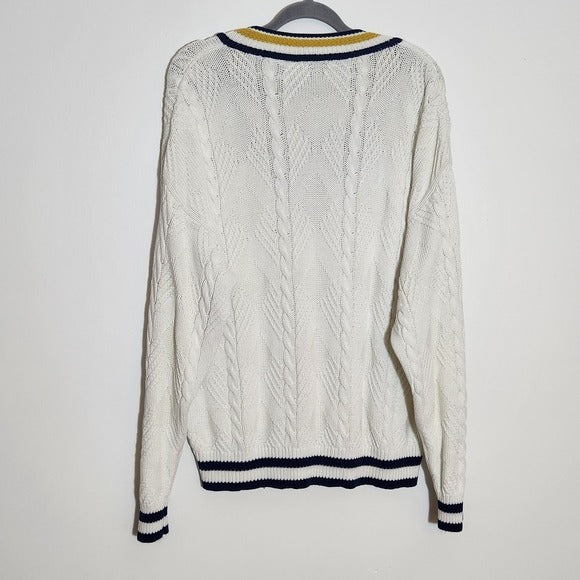 Claiborne Cream Cable Knit V-Neck Sweater with Gold and Navy Accents Size Large