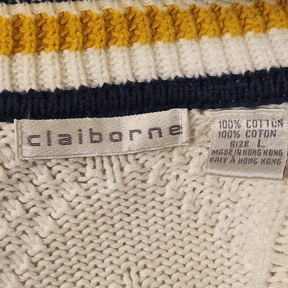 Claiborne Cream Cable Knit V-Neck Sweater with Gold and Navy Accents Size Large