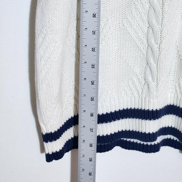 Claiborne Cream Cable Knit V-Neck Sweater with Gold and Navy Accents Size Large