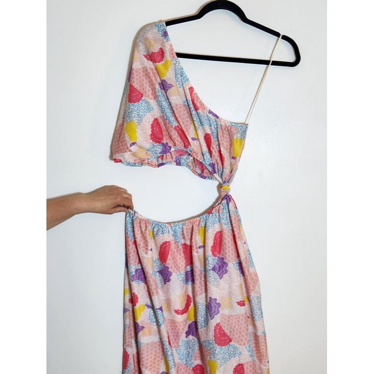 America & Beyond Pink Patchwork Print Boho One Shoulder Maxi Dress Sz Large NWT