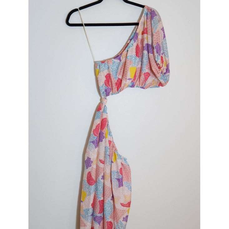 America & Beyond Pink Patchwork Print Boho One Shoulder Maxi Dress Sz Large NWT