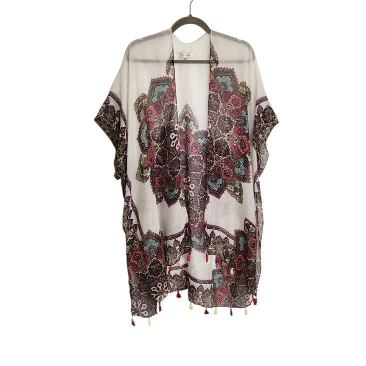 Woven Heart Multicolor Boho Kimono with Tassel Hem One Size