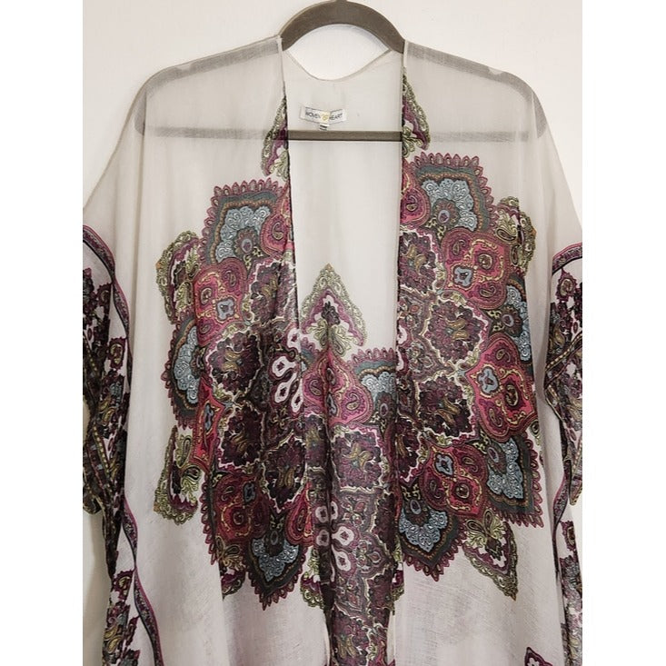 Woven Heart Multicolor Boho Kimono with Tassel Hem One Size