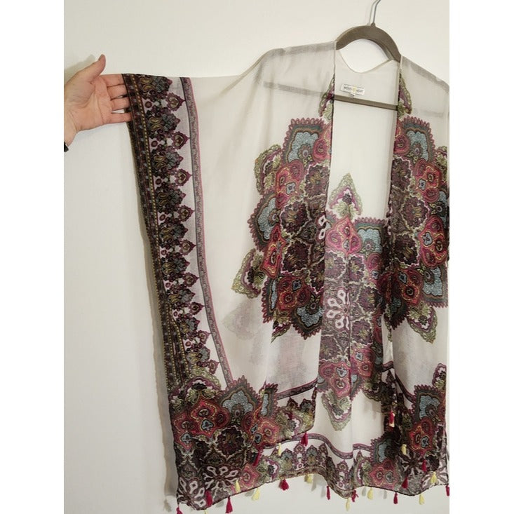 Woven Heart Multicolor Boho Kimono with Tassel Hem One Size