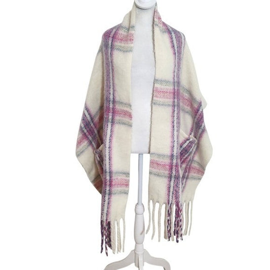 Fuzzy Plaid Shawl Wrap with Fringe Hem and Pockets One Size