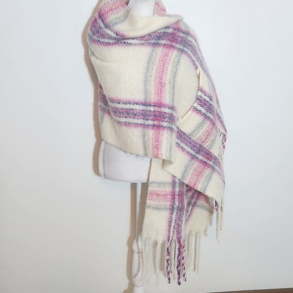 Fuzzy Plaid Shawl Wrap with Fringe Hem and Pockets One Size