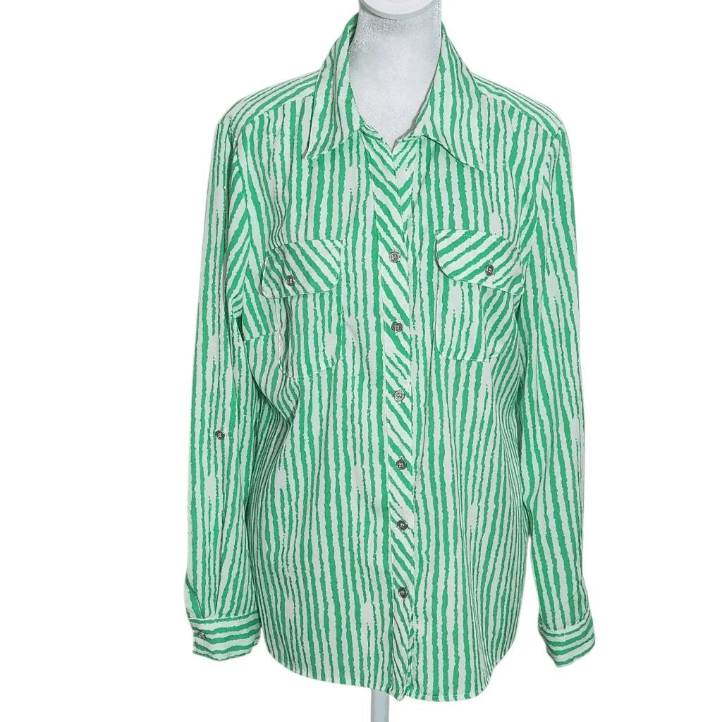 Notations Green and White Stripe Button Down Blouse Size Medium Green Camp Shirt