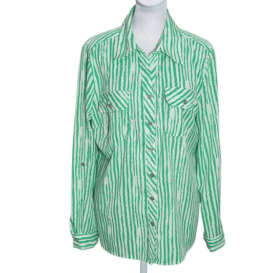 Notations Green and White Stripe Button Down Blouse Size Medium Green Camp Shirt
