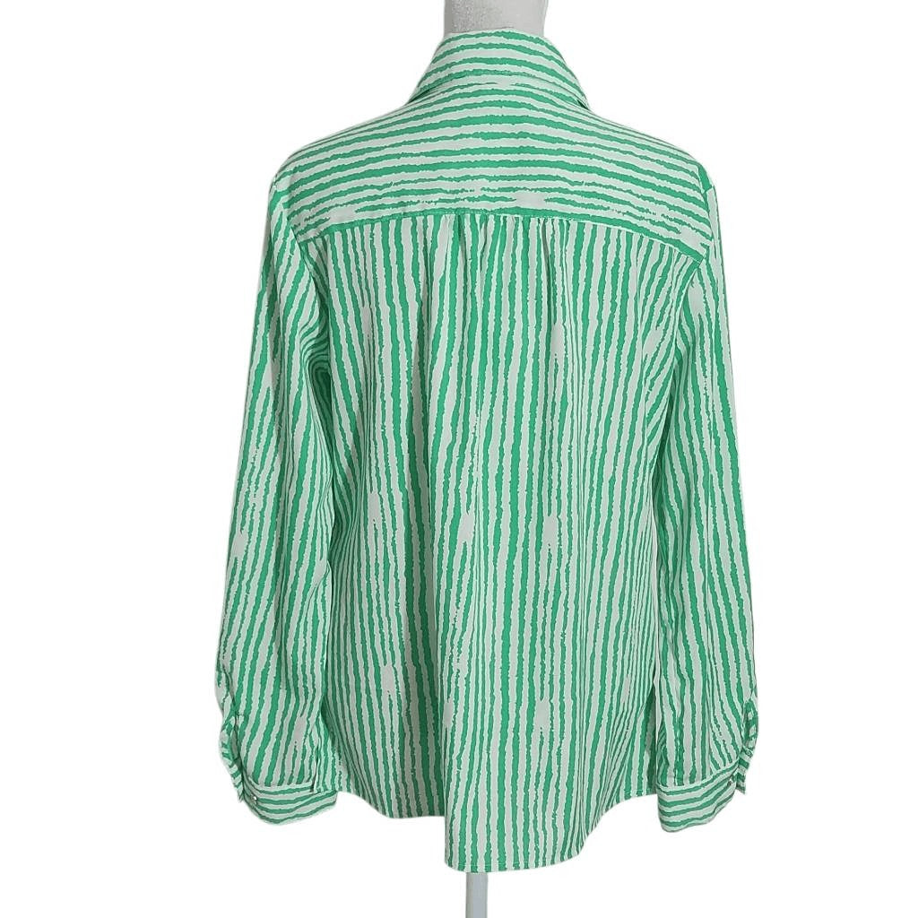 Notations Green and White Stripe Button Down Blouse Size Medium Green Camp Shirt