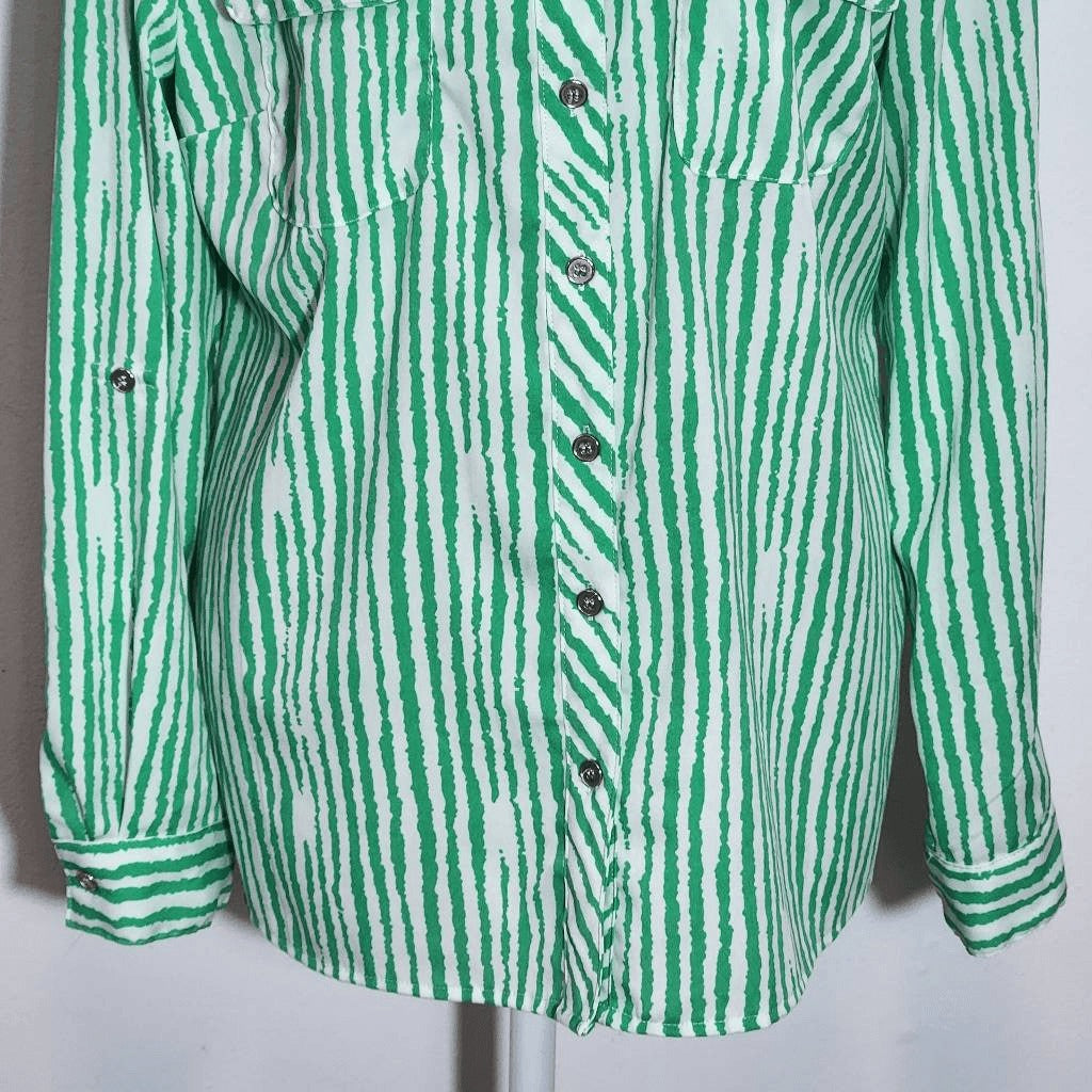 Notations Green and White Stripe Button Down Blouse Size Medium Green Camp Shirt