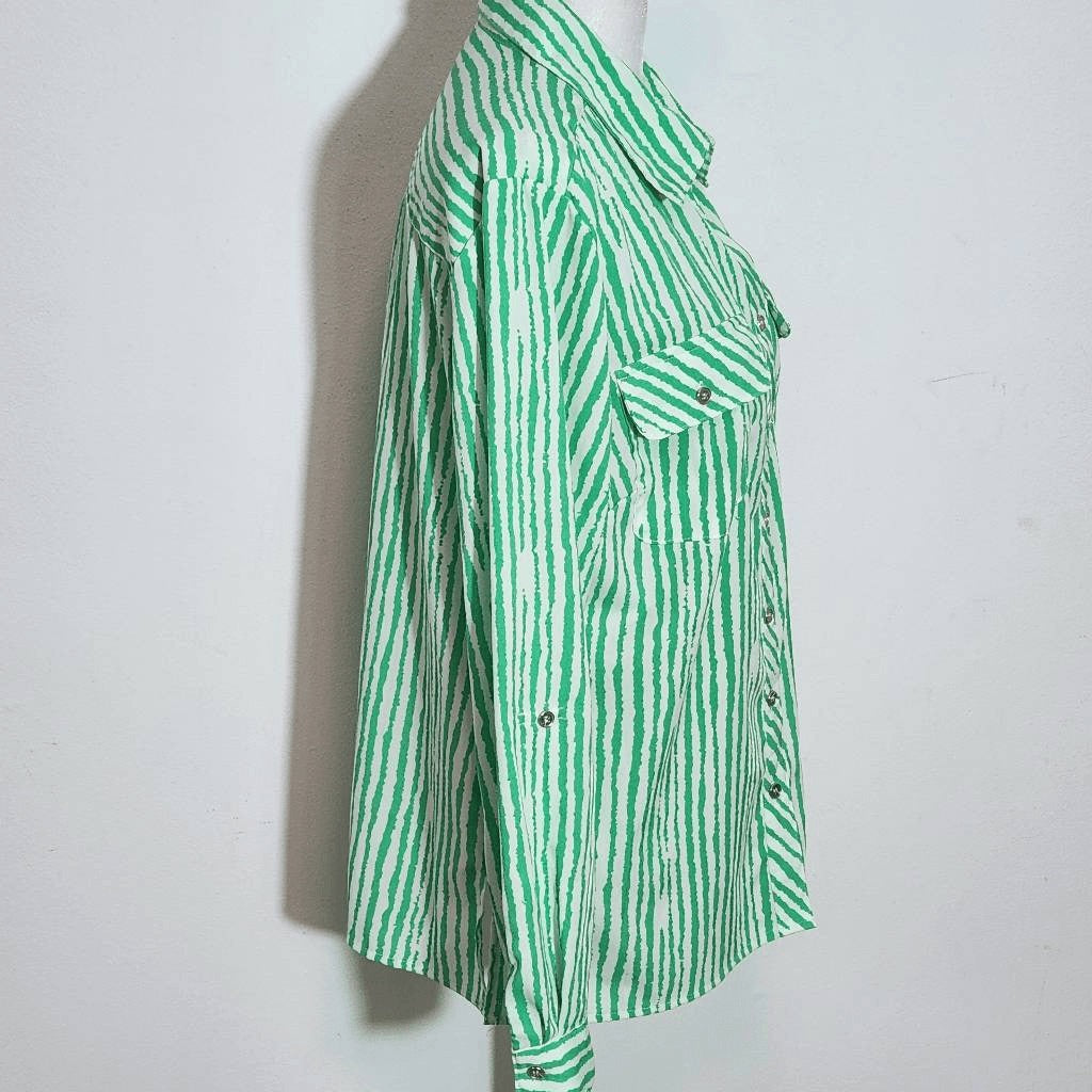 Notations Green and White Stripe Button Down Blouse Size Medium Green Camp Shirt