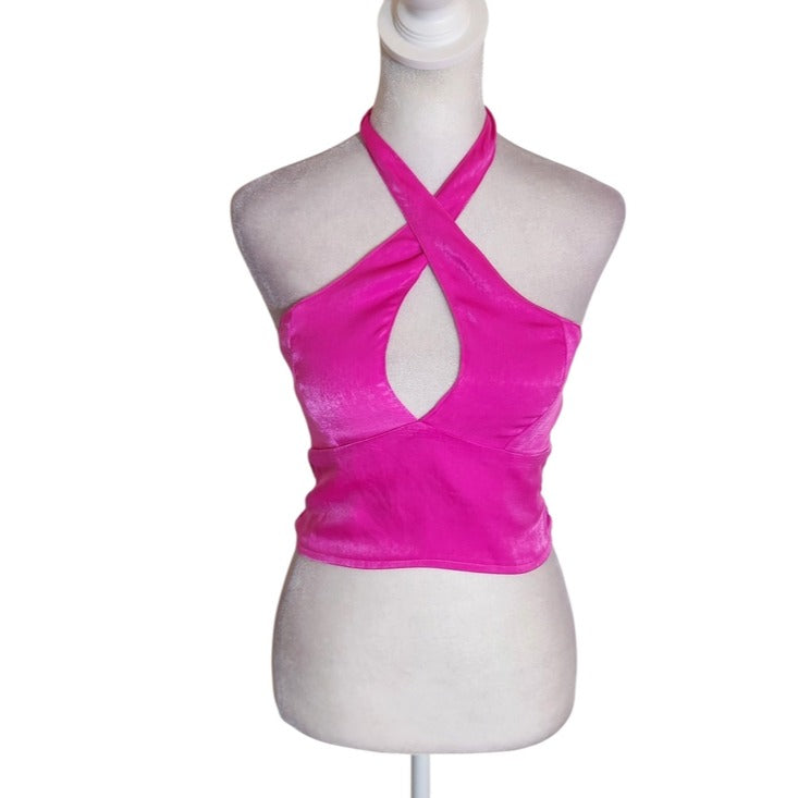 Self Contrast Hot Pink Satin Halter Crop Top Size Small