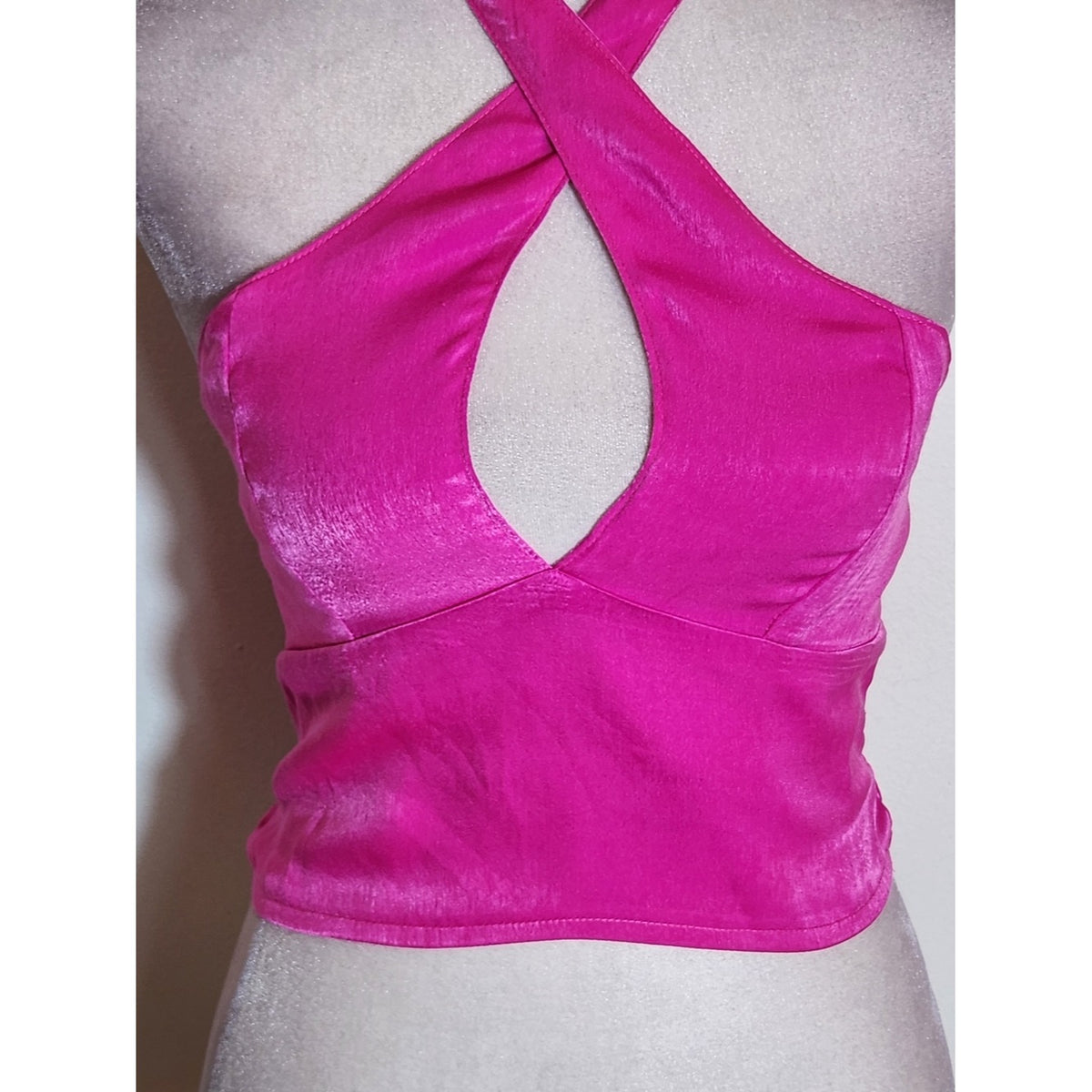 Self Contrast Hot Pink Satin Halter Crop Top Size Small